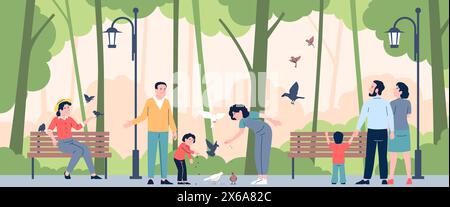 Feed birds in park. People walking and feeding pigeons and sparrows. Flat family, adults rescue city bird. Flat children walk with parents, recent Stock Vector