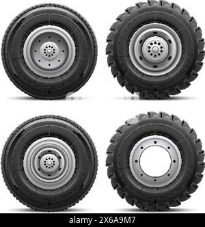 Realistic truck tires. Big tire lorry 4x4 car or bus wheels, tractor offroad heavy wheel of cargo industrial machinery, tyre large transport traction, nowaday vector illustration of truck wheel auto Stock Vector