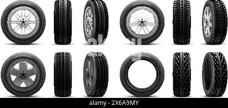 Realistic tires. 3d tires winter or summer car wheels, rubber tire with alloy disk isolated new tyre render automotive service consumer ads, truck wheel nowaday vector illustration of rubber tyre Stock Vector