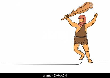 Continuous one line drawing caveman holding and raised cudgel overhead. Man hunting an ancient animal with cudgel, prehistoric male with weapon. Singl Stock Vector