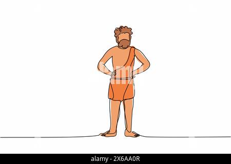 Single continuous line drawing prehistoric man standing with hands on waist pose. Prehistoric bearded man, primitive stone age caveman in animal pelt. Stock Vector