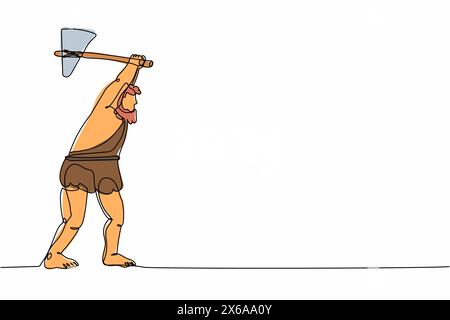 Single one line drawing prehistoric man holding and raised stone axes. Caveman hunting ancient animal. Man of prehistoric period with weapon. Continuo Stock Vector