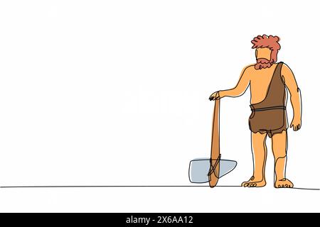 Single one line drawing caveman standing and holding stone axe. Prehistoric bearded man dressed in animal pelt. Neanderthal hunter. Ancient human. Con Stock Vector