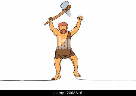 Single one line drawing caveman holding and raised stone axe overhead. Prehistoric man hunter with weapon. Ancient man hunting animal for food. Contin Stock Vector