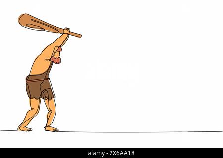 Single continuous line drawing caveman holding and raised cudgel overhead. Caveman and cudgel. Prehistoric man and club. Ancient stone age weapon. One Stock Vector