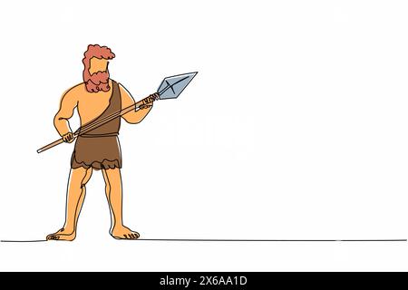 Continuous one line drawing ancient caveman or homosapien hunter standing and holding big stone spear. Prehistoric bearded man dressed in animal pelt. Stock Vector