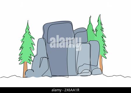 Single one line drawing prehistoric stone cave entrance. Stone house cave from past age. Home of caveman or ancient animal for protection. Modern cont Stock Vector