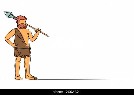 Single one line drawing caveman holding stone spear on shoulders. Primitive person hunt. Stone age hunter. Prehistoric man hunting with stone spear. C Stock Vector