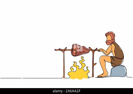 Continuous one line drawing stone age man sitting, cooking meat food on campfire. Prehistoric man sitting, cooking meat on bonfire. Ancient human. Sin Stock Vector