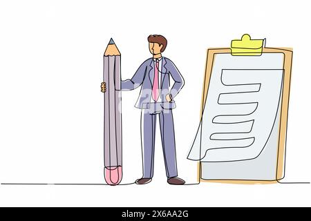 Continuous one line drawing businessman holding big pencil looking at completed checklist on clipboard. Successful completion business tasks goals. Si Stock Vector