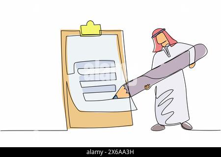 Single continuous line drawing Arabian businessman writing on clipboard with pencil. Male manager completion task. Goal achievements planning schedule Stock Vector