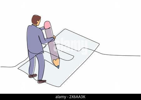 Single continuous line drawing businessman filled out questionnaire on the floor. Worker writes test on clipboard with giant pencil. Man standing near Stock Vector