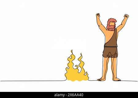 Continuous one line drawing caveman stands and raised his hands around campfire. Prehistoric man standing around bonfire. Warmth his body at night. Si Stock Vector