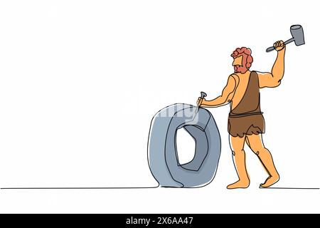 Single one line drawing caveman inventing the wheel. Prehistoric primitive people composition with ancient human trundling wheel made of stone. Contin Stock Vector