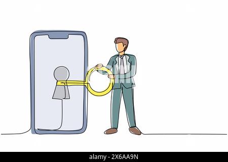 Single one line drawing businessman putting big key into smartphone. Data privacy for protect internet user. Password and login device security system Stock Vector