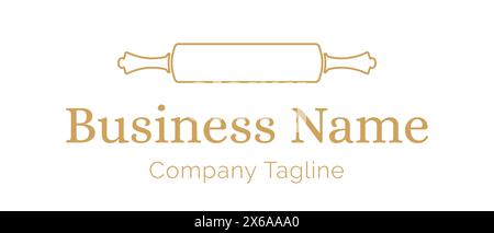 Outline Thin Bakery Logo with Rolling Pin or Dough Roller Stock Vector