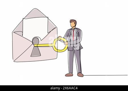 Continuous one line drawing smart businessman putting big key into mail. Message online security system protection personal information internet. Sing Stock Vector