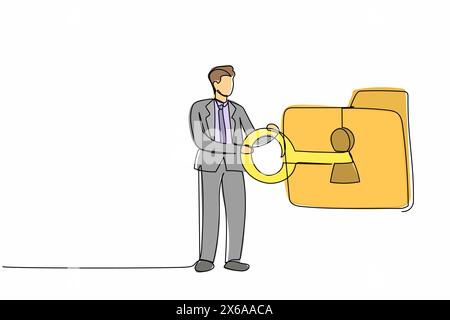 Single continuous line drawing businessman putting big key into folder. Folder locked with key. Data security. Secret information for success in work. Stock Vector