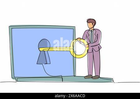 Single one line drawing businessman putting big key into laptop. Internet encryption, access to encrypted data, protection of personal information. Co Stock Vector