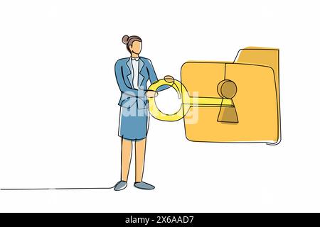 Continuous one line drawing businesswoman put key into folder. Digital folder locked in computer with key. Data security. Secret information for succe Stock Vector