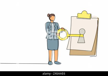 Continuous one line drawing businesswoman put key into clipboard. Checklist document. Smart digital contract for security protection privacy paper. Si Stock Vector