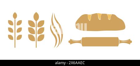 Bakery Illustration Set of Loaf of Bread, Rolling Pin, Wheat Stock Vector