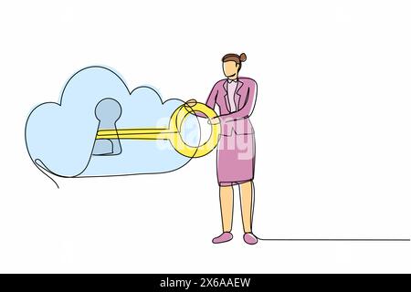Continuous one line drawing businesswoman put key into cloud. Digital cloud system storage. Password lock security authentication. Online internet tec Stock Vector