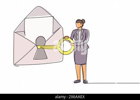 Single one line drawing businesswoman put key into mail. Internet safety care. Message online security system. Protection personal information. Contin Stock Vector