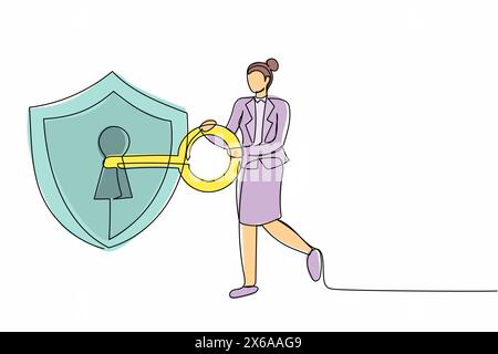 Single continuous line drawing businesswoman put key into shield. Security guard. Encryption, encoding digital currency data, finance security and pro Stock Vector