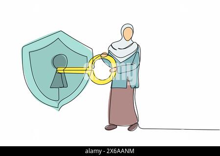 Continuous one line drawing Arabian businesswoman put key into shield. Safety internet or technology. Encryption, encoding digital currency data. Sing Stock Vector