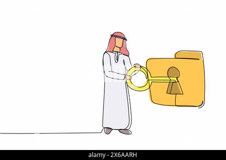 Single continuous line drawing Arab businessman putting big key into folder. Document protection. Folder locked with key. Data security. Secret inform Stock Vector