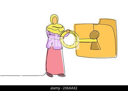 Single continuous line drawing Arabian businesswoman put key into folder. Unlock secret information. Digital folder locked in computer with key. Data Stock Vector