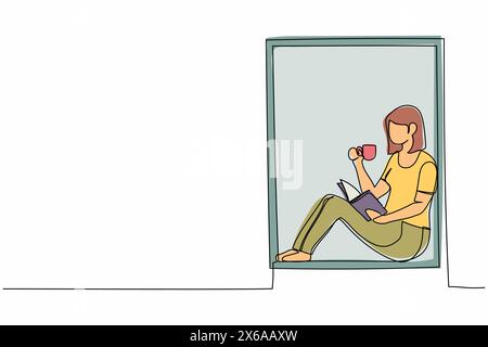 Continuous one line drawing woman on windowsill reading book with cup of hot coffee or tea. Enjoy atmosphere of day in window of room. Stay at home. S Stock Vector