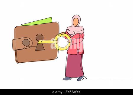 Single continuous line drawing Arabian businesswoman put key into wallet. Purse to saving coin daily needs. Money for safety personal use. Money prote Stock Vector