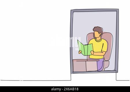 Single continuous line drawing man in chair at home with literature. Businessman reader. Person reading book, sitting in armchair by window in living Stock Vector