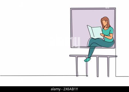 Single one line drawing young woman sitting on windowsill and reads newspaper. Relaxed in balcony. Home activities. Stays at home during quarantine. C Stock Vector