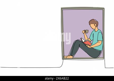 Continuous one line drawing man on windowsill with cup of hot coffee, tea. Stay at home, reading book. Enjoy atmosphere of day in window of room. Sing Stock Vector