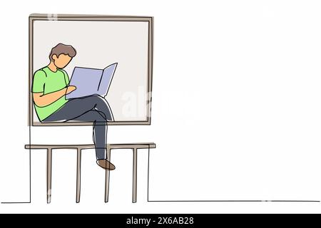 Single continuous line drawing relaxed man sitting on windowsill and reads newspaper. Cozy balcony. Home activities. Stays at home during quarantine. Stock Vector