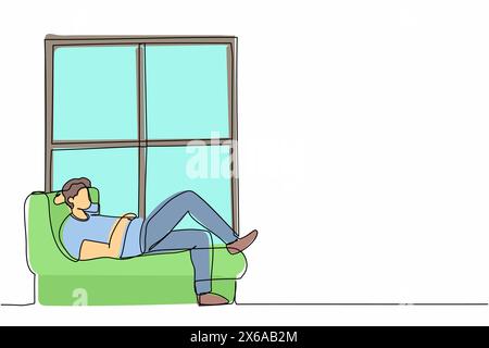 Single one line drawing young man lying on windowsill at home. Male resting in room near window. Spending time at home, relaxing after work, reading. Stock Vector