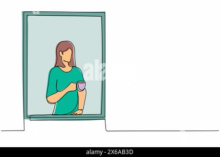 Single continuous line drawing young woman enjoy hot coffee or tea. Female holding mug and looking outside through window while sitting on windowsill. Stock Vector