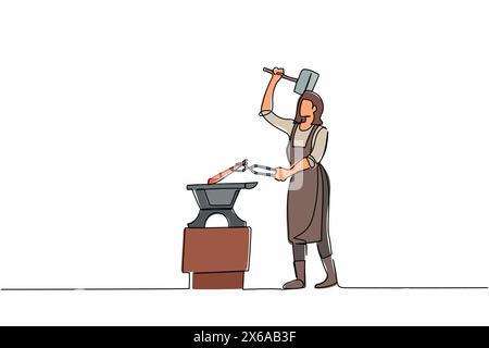 Single continuous line drawing active female blacksmith in apron forging blade on anvil. Woman metal worker with hammer and anvil create small sword. Stock Vector