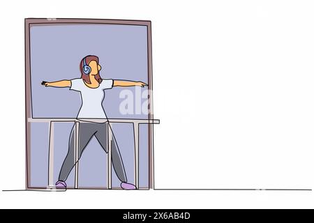Continuous one line drawing healthy young woman with headphone practices yoga near window in balcony. Sports activity, workout, exercise, fitness, ind Stock Vector