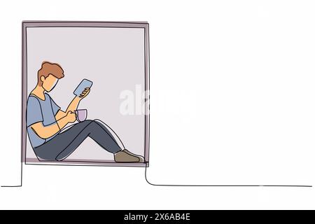 Single continuous line drawing comfortable relaxing at home with smartphone and hot drink. Young man sitting on windowsill with coffee, enjoying rest Stock Vector