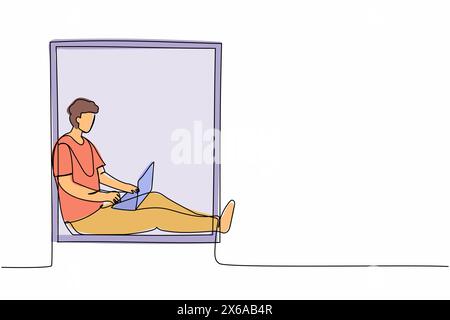 Single continuous line drawing man freelancer sitting on windowsill, working using laptop. Remote work from home. Online education, studying student. Stock Vector