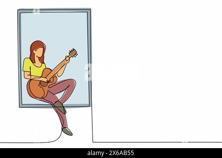 Single continuous line drawing young woman sitting on windowsill and playing acoustic guitar. Rest, stay at home, melancholic, relaxation, comfort, ro Stock Vector