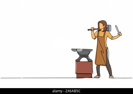 Single one line drawing female blacksmith standing in front of anvil wearing apron carrying sledgehammer and holding completed forged small sword. Con Stock Vector