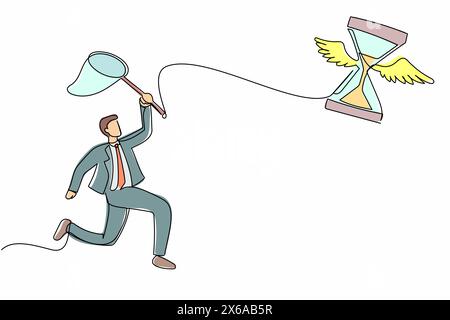 Continuous one line drawing businessman try to catching flying hourglass with butterfly net. Concept of stress, deadlines, depression. Business metaph Stock Vector