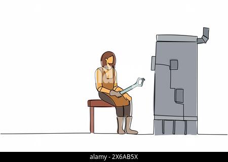 Single one line drawing female blacksmith sitting in workshop, wearing apron and holding tongs, working hard to maintaining furnace hot fire. Modern c Stock Vector