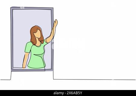 Single one line drawing young female waving at window as look like to greet or invite people to come in. Woman looking outside from windowsill. Contin Stock Vector