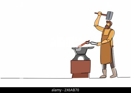 Continuous one line drawing bearded blacksmith in apron forging blade on the anvil. Smith working with hammer and anvil. Historical, fairytale craftsm Stock Vector